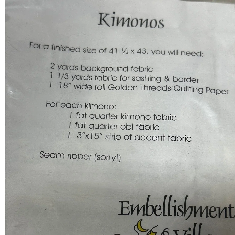 Betty Blais Kimonos Paper Pieced Quilt Pattern & Fabric Lot Embellishment Villag